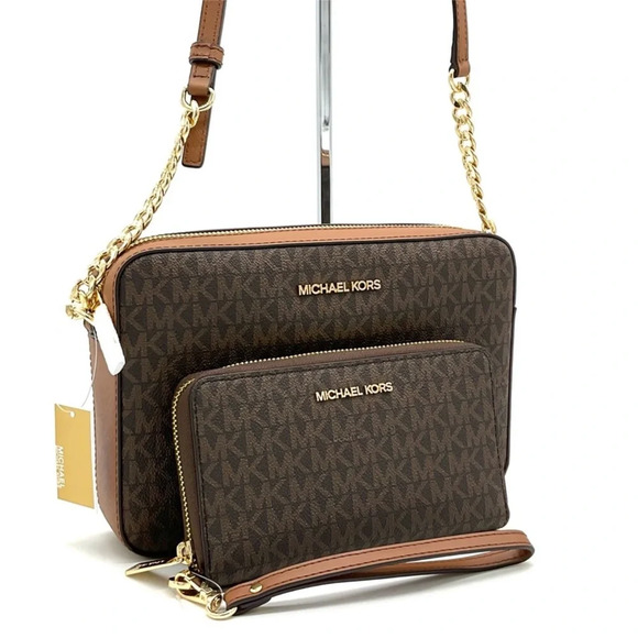 Michael Kors Large EW Crossbody Bag & JST LG Flat MF Phone Case Wallet Brown - Picture 1 of 12